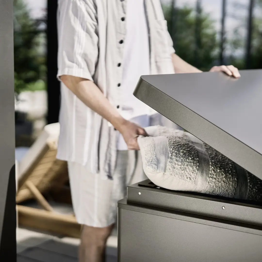 Biohort LoungeBox cushion storage for patios and gardens in Ireland
